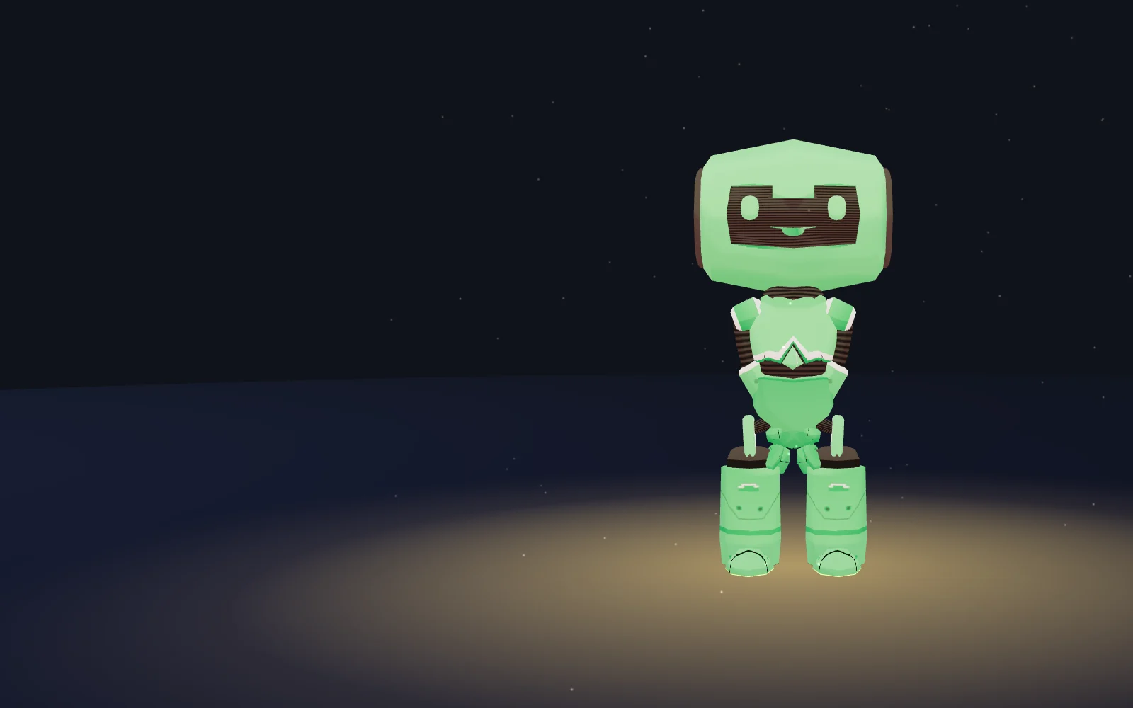 The 3D characters Polybot and DinoKid under a stage light, next to the word bibabibo
